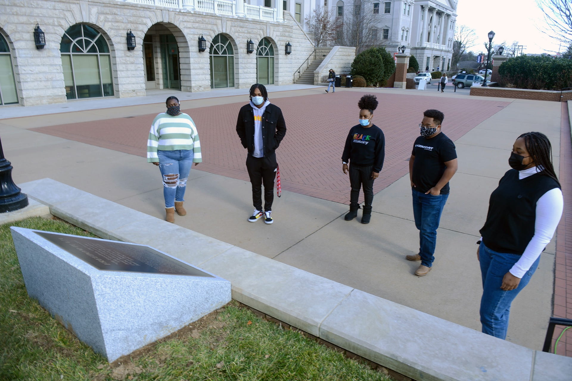Black Student Association (BSA) Antionedra Maupin, Gilbert Dozier, Haily McGee, Marcus Knight and Jazmyn Pickstock pose for a picture in the newly unveiled Freedom Plaza at Belmont University in Nashville, Tennessee, January 18, 2021. Freedom Plaza was a announcement this morning in celebration of MLK day.